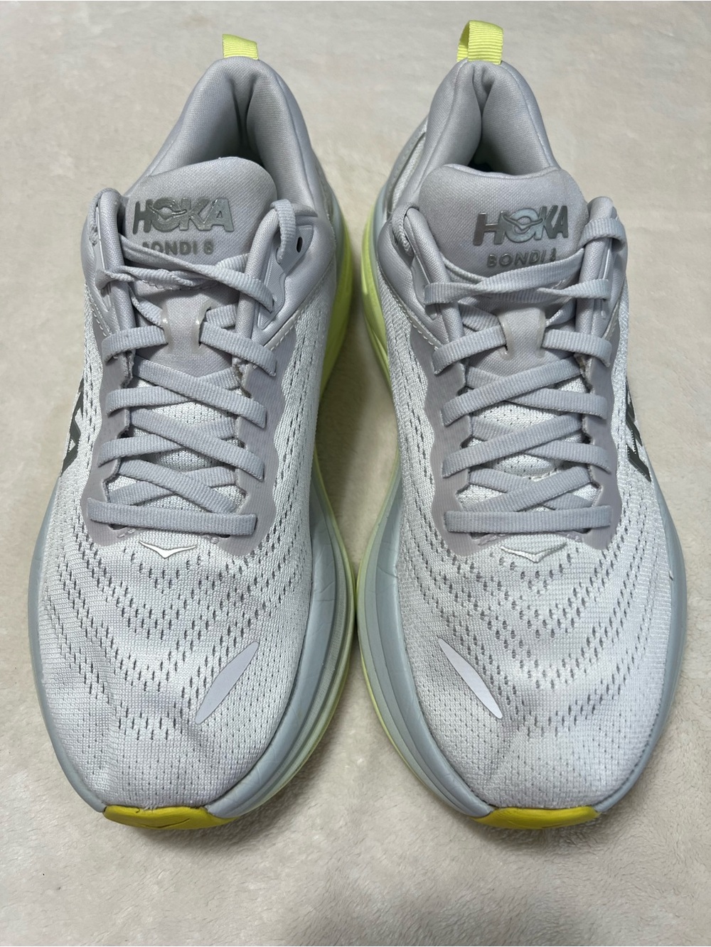 HOKA Bondi 8 Women’s 7.5 Silver Gray Neon Green Max Cushion Running Shoes
